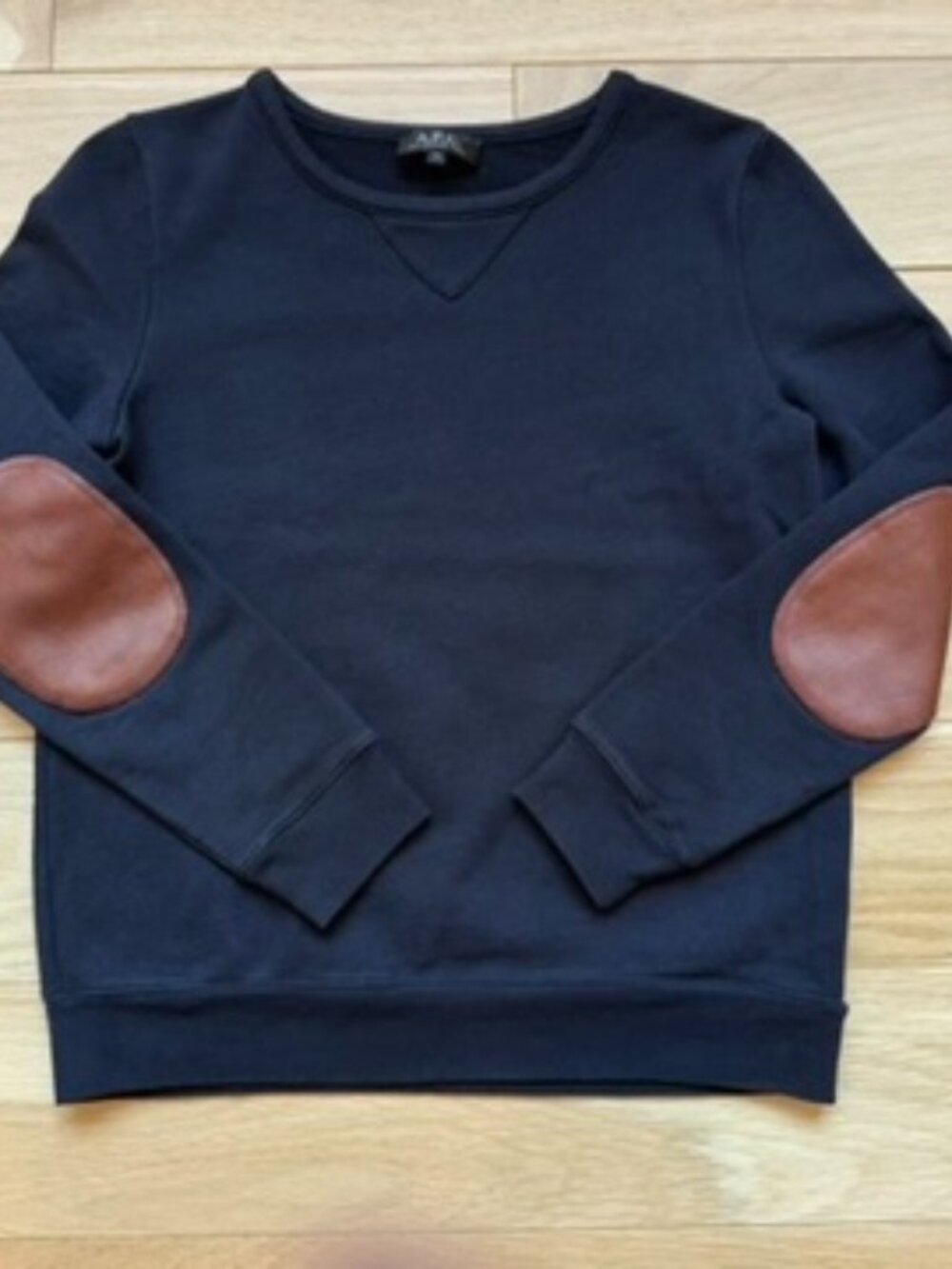 A.P.C. Women's Vintage Navy Pullover Sweater Leather Elbow Pads XS
